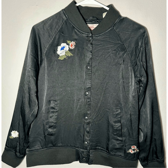 LEVI'S Strauss Black Satin Floral Embroidered Bomber Jacket Sz M - Picture 2 of 10